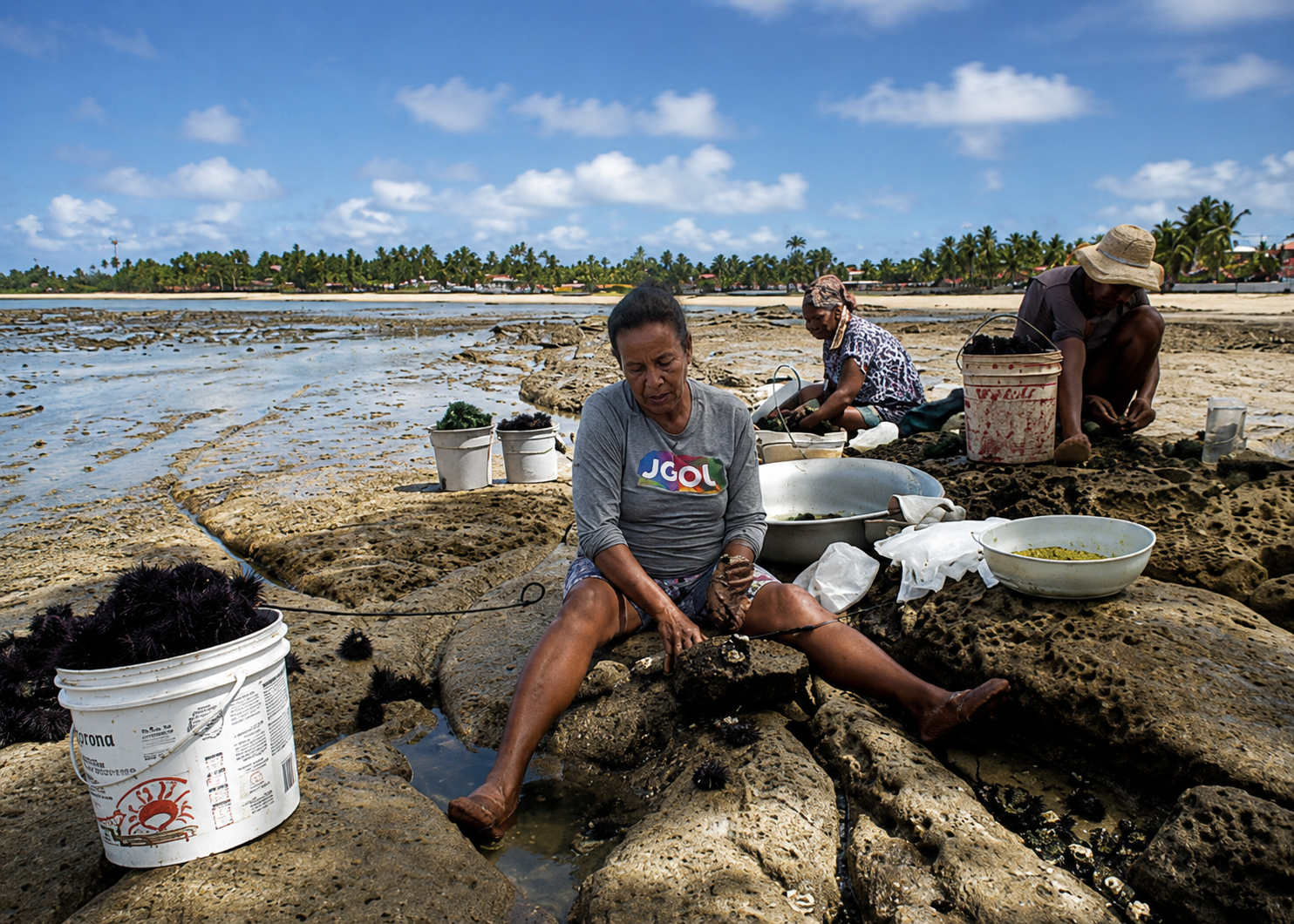 Marisqueiras coletando pinaúna entre as pedras durante a maré baixa