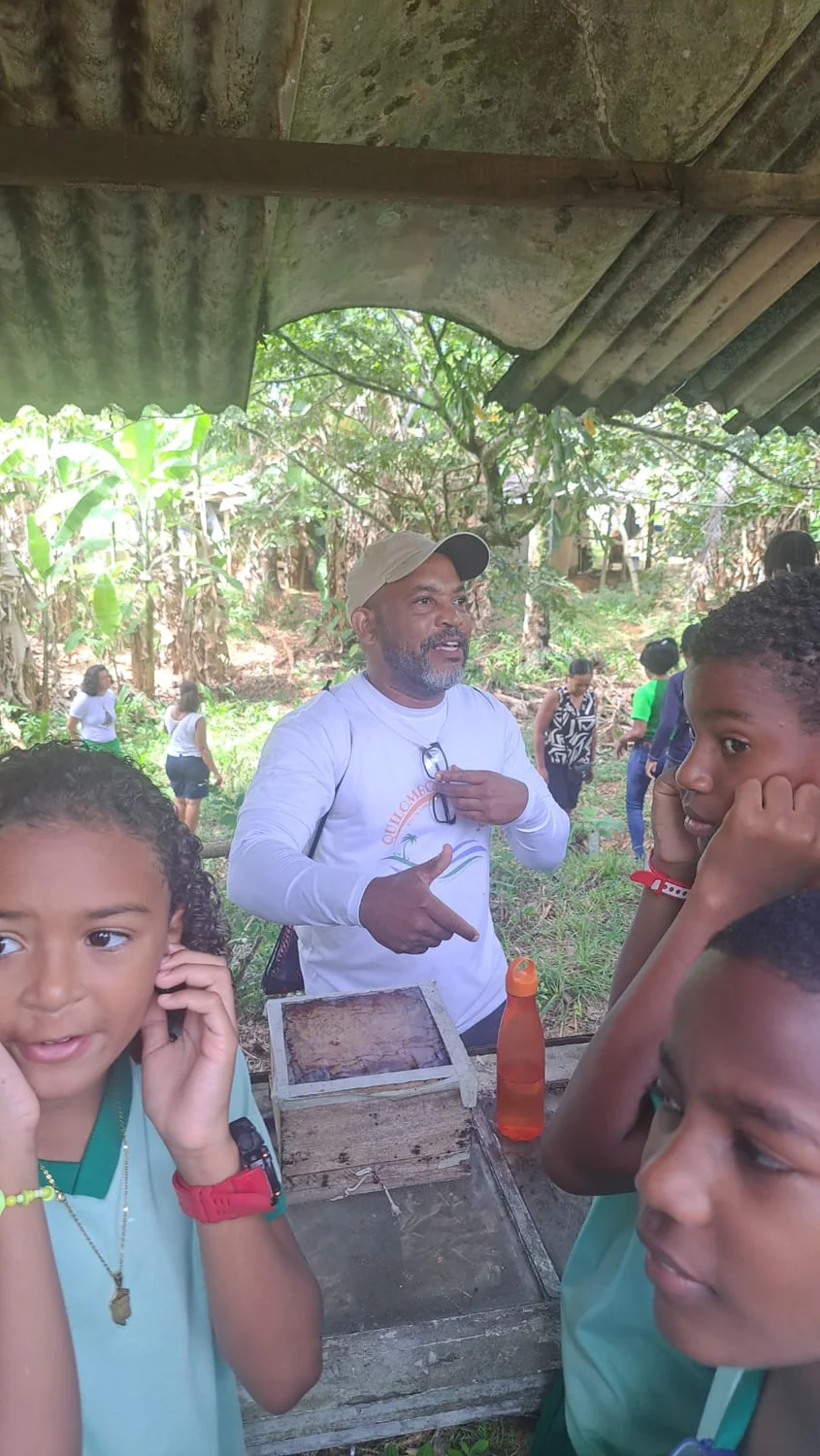 Educador apresenta aos estudantes uma caixa de abelhas sem ferrão