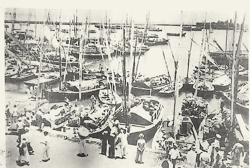 Saveiros reunidos na antiga rampa do Mercado Modelo, imagem publicada na revista Vera Cruz - 37 anos
